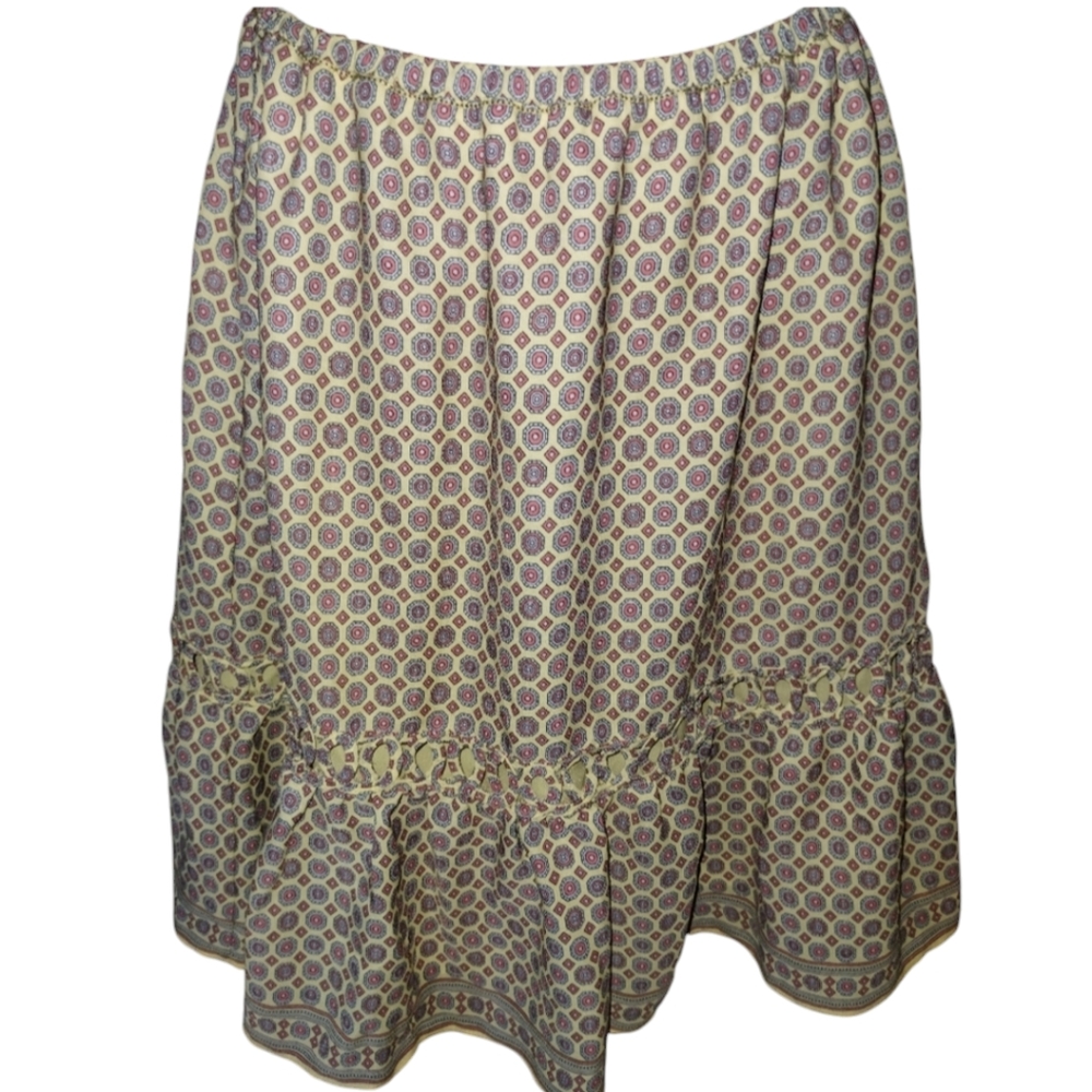 Max Studio Ruffled hem Soft Yellow Geometric Patter elastic waist Skirt XS